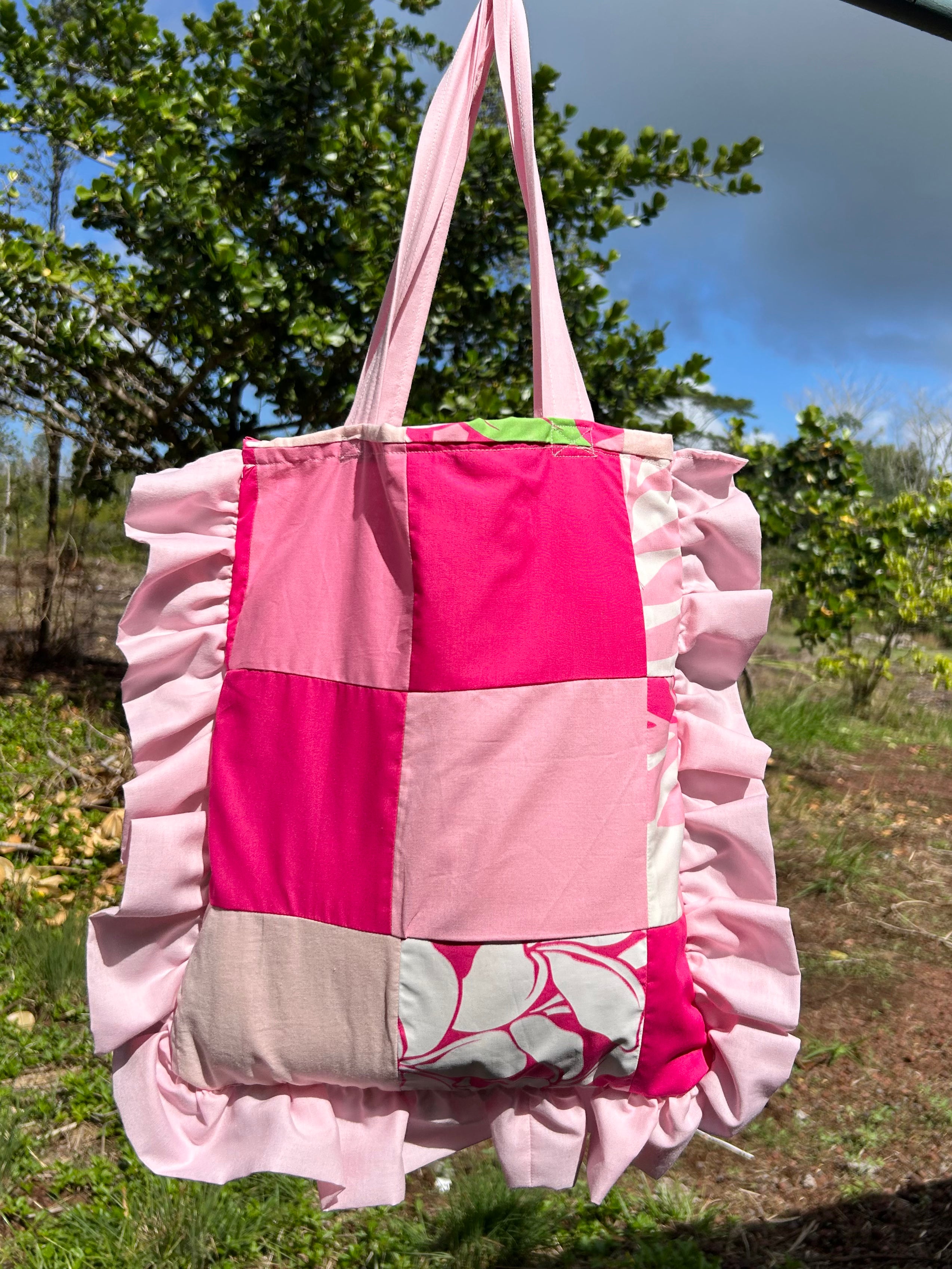 Pink Patchwork Ruffle Tote Bag