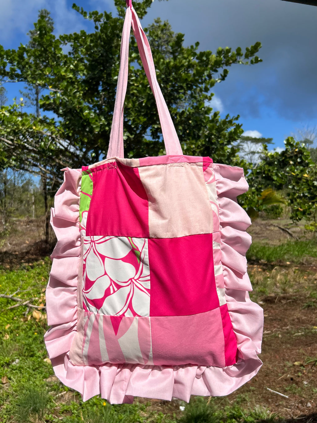Pink Patchwork Ruffle Tote Bag